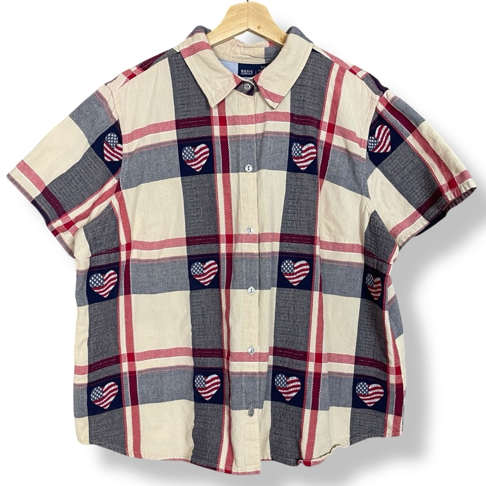 American Flag Shirt Hearts‎ Women Size 2X Cotton Americana 4th of July Patriotic